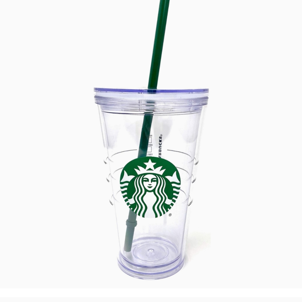 STARBUCKS CLEAR GRANDE CUP WITH GREEN STRAW AND LOGO